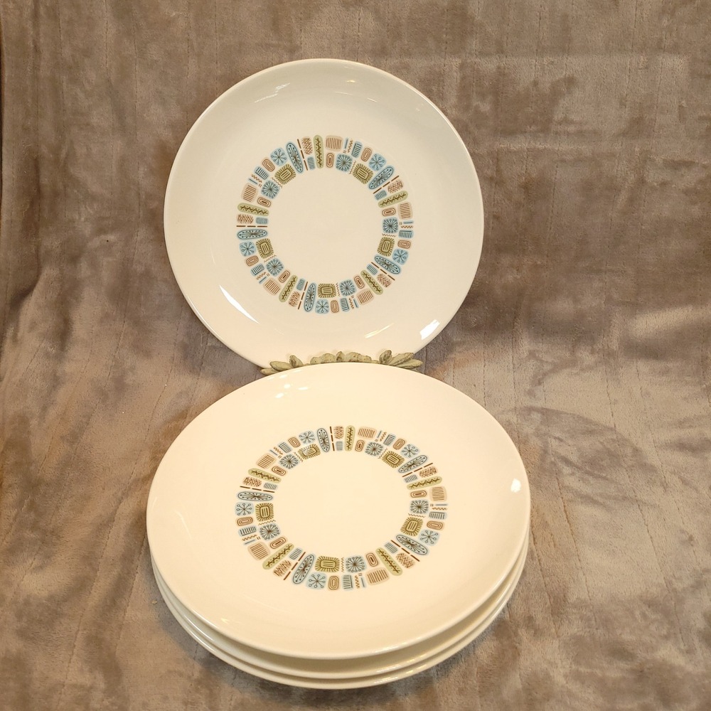 Canonsburg Pottery Temporama Dinner Plates 4pc White MCM Atomic Geometric 10in